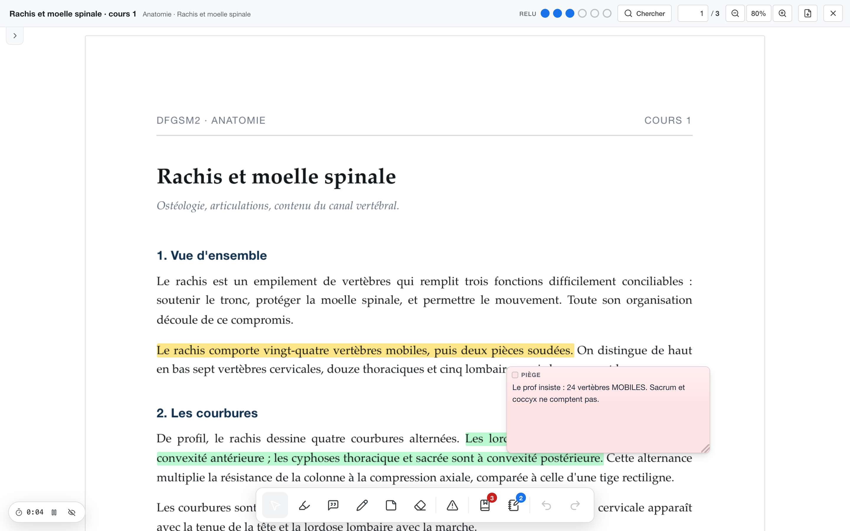 L'atelier de Mnemesia : un polycopié ouvert, avec des passages surlignés en jaune et en vert, un post-it rouge et la barre d'outils d'annotation.
